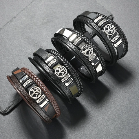 Men Vintage Layered PU Leather Braided Bracelet Tree Of Life Alloy Charm Bracelet Animal Pattern Magnetic Clasp Jewelry