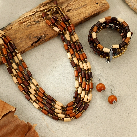 Set di Gioielli Bohemien Vintage in Legno con Perline per Donna Collana Multistrato Bracciale Orecchini Croce Piuma Gioielli Etnici