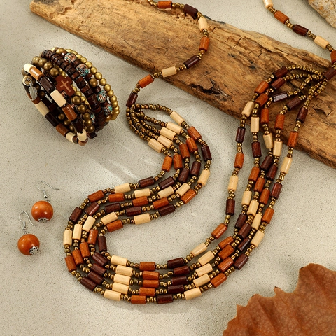 Set di Gioielli Bohemien Vintage in Legno con Perline per Donna Collana Multistrato Bracciale Orecchini Croce Piuma Gioielli Etnici