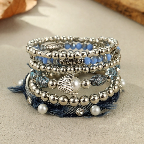 Vintage Bohemian Stacked Bracelets For Women Wood Beads Alloy Cross Evil Eye Feather Charms Ethnic Retro Jewelry Decoration