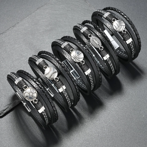 Bracelet de Sport Multicouche en Cuir Synthétique pour Hommes Avec Fermoir Magnétique en Alliage Bijoux Thème Football Basketball