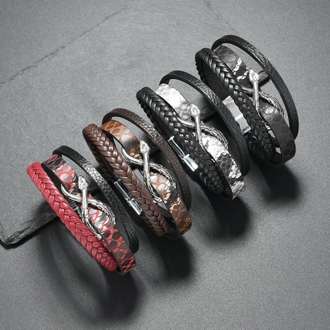 Punk Schlangenkopf Mehrlagiges Lederarmband Für Herren Vintage Hip Hop Stil Legierung Schlange Wickel Magnetverschluss Schmuck
