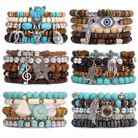 Bracelets Perlés Multicouches Bohème Superposables Bois Alliage de Zinc Turquoise Feuille Étoile Bijoux Ethniques pour Femmes