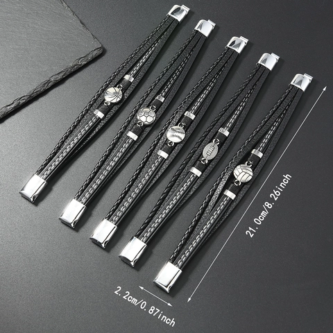 Bracelet de Sport Multicouche en Cuir Synthétique pour Hommes Avec Fermoir Magnétique en Alliage Bijoux Thème Football Basketball