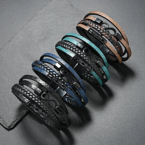 Men Vintage Multi-Layer Hand-Woven Leather Bracelet With Infinity Alloy Charm Magnetic Clasp Fashion Jewelry Casual Gift