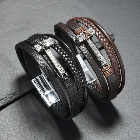 Bracciale Multistrato in Pelle Martello di Thor Nordico per Uomo Bracciale Vichingo in Pelle Intrecciata Retro Con Chiusura Magnetica