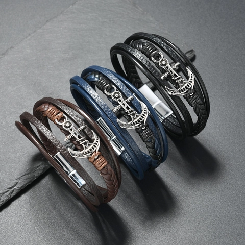 Herren Nautisch Leder Armband Retro Mehrlagig Gewebt Bangle Mit Legierung Anker Anhänger Und Magnetverschluss Schmuck