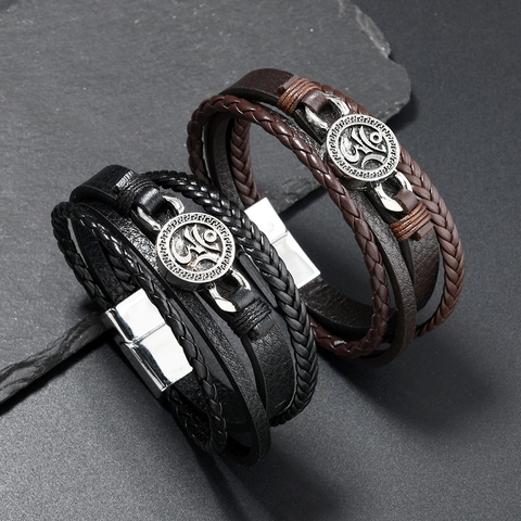 Bracciale in Pelle da Uomo Multistrato Intrecciato Pelle PU Lega Vintage Simbolo Religioso Om Punk Gioielli da Uomo Casual