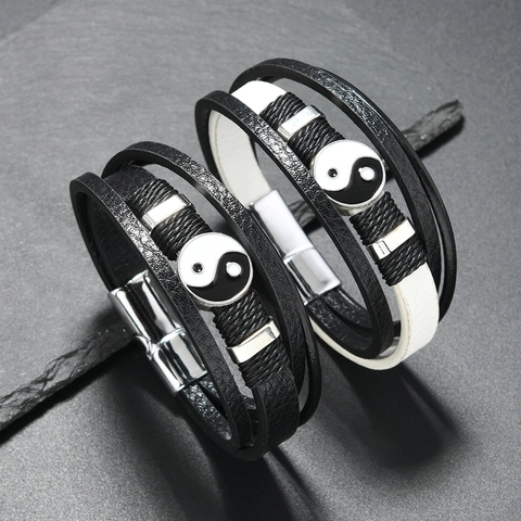 Vintage Yin Yang Tai Chi PU Leather Woven Bracelet With Alloy Magnetic Clasp Ethnic Jewelry For Men Women Trendy Accessory