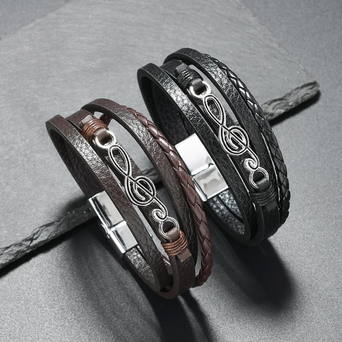 Bracciale da Uomo Hip Hop in Pelle Multistrato Corda Intrecciata Chiave di Violino Nota Musicale Lega Chiusura Magnetica Gioielli Retro Punk