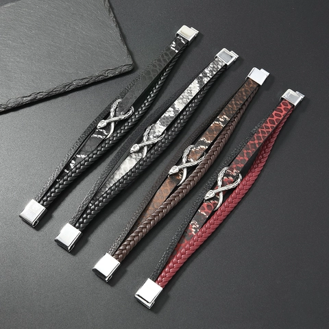 Punk Schlangenkopf Mehrlagiges Lederarmband Für Herren Vintage Hip Hop Stil Legierung Schlange Wickel Magnetverschluss Schmuck