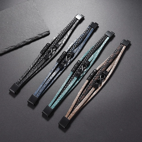 Men Vintage Multi-Layer Hand-Woven Leather Bracelet With Infinity Alloy Charm Magnetic Clasp Fashion Jewelry Casual Gift