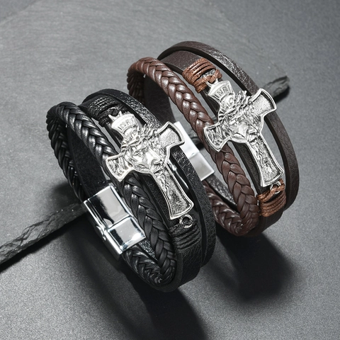 Vintage Multi Layer Leather Bracelet Men Metal Cross Jesus Religious Wristband Magnetic Clasp Punk Style Male Jewelry Gift
