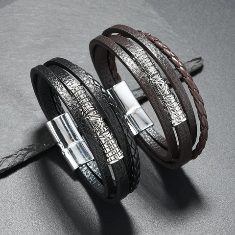 Men Multi Layer PU Leather Bracelet Alloy Viking Valknut Symbol Retro Punk Style Magnetic Buckle Handcrafted Jewelry Accessory