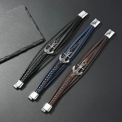 Herren Nautisch Leder Armband Retro Mehrlagig Gewebt Bangle Mit Legierung Anker Anhänger Und Magnetverschluss Schmuck