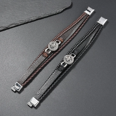 Bracciale in Pelle da Uomo Multistrato Intrecciato Pelle PU Lega Vintage Simbolo Religioso Om Punk Gioielli da Uomo Casual