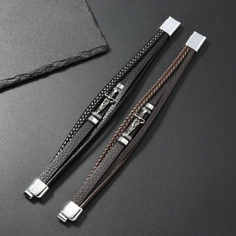 Pulsera de Cuero de PU Tejida Multicapa Retro Para Hombres Cierre Magnético de Aleación Metal Brazalete Trenzado Punk Rock Joyería
