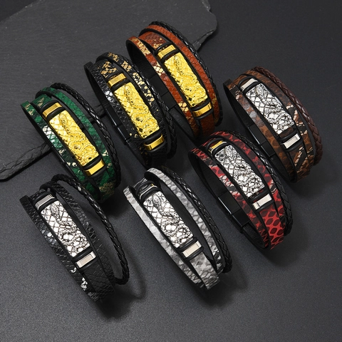 Men's Punk Multi-Layer Braided PU Leather Bracelet With Alloy Snake Charm Personalized Cobra Wrap Bangle Fashion Jewelry Gift