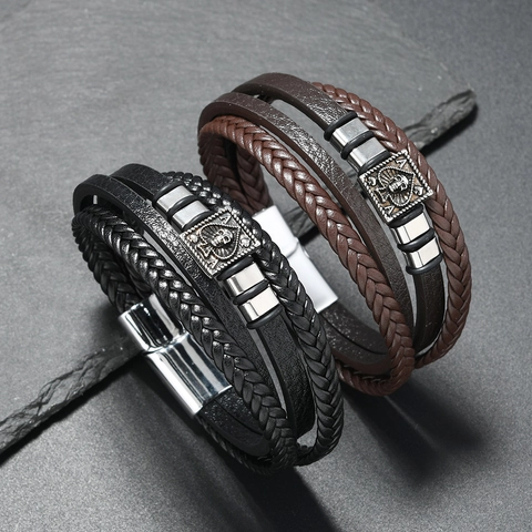 Men Retro Punk Multi-Layer Leather Braided Bracelet Alloy Skull Spade Design Magnetic Buckle Hip Hop Accessory Cool Jewelry