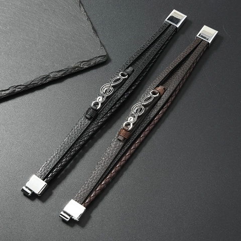 Bracciale da Uomo Hip Hop in Pelle Multistrato Corda Intrecciata Chiave di Violino Nota Musicale Lega Chiusura Magnetica Gioielli Retro Punk