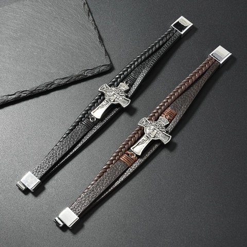 Vintage Multi Layer Leather Bracelet Men Metal Cross Jesus Religious Wristband Magnetic Clasp Punk Style Male Jewelry Gift