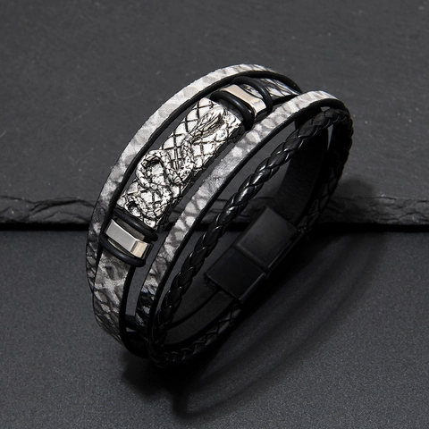 Men's Punk Multi-Layer Braided PU Leather Bracelet With Alloy Snake Charm Personalized Cobra Wrap Bangle Fashion Jewelry Gift