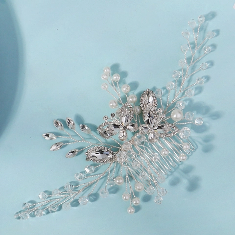 Bridal Crystal Butterfly Hair Comb Silver Handmade Rhinestone Pearl Wedding Headpiece Elegant Flower Hair Accessories For Women