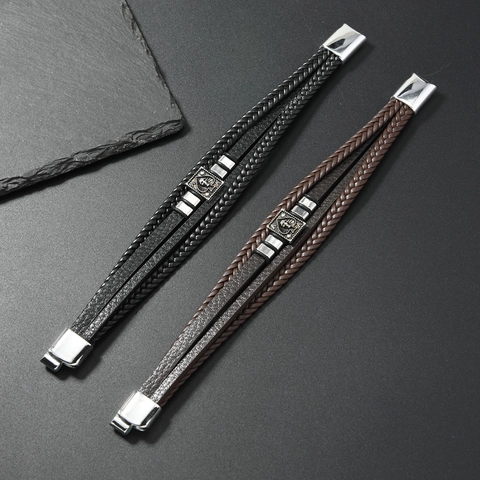 Men Retro Punk Multi-Layer Leather Braided Bracelet Alloy Skull Spade Design Magnetic Buckle Hip Hop Accessory Cool Jewelry