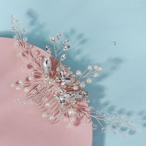 Bridal Crystal Butterfly Hair Comb Silver Handmade Rhinestone Pearl Wedding Headpiece Elegant Flower Hair Accessories For Women