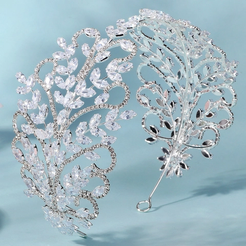 Corona de Novia de Lujo de Aleación y Circonia Diadema Elegante de Strass con Patrón de Hojas Tocado Plateado para Boda Fiesta Mujer