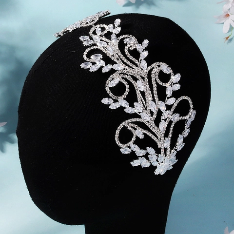 Diadème de Mariée de Luxe en Alliage Zircon Strass Serre-tête Branche de Feuille pour Mariage Banquet Élégant Argent Femme Bijoux de Cheveux