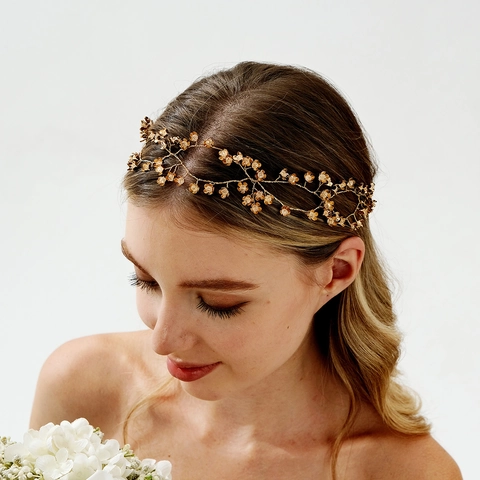 Fascia per Capelli da Sposa Fatta a Mano Elegante Lega Metallo Floreale Doppio Strato Con Nastro di Satin per Matrimonio Festa Donna Gioielli