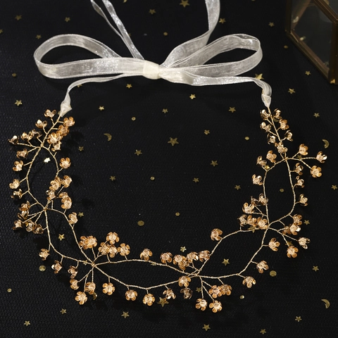 Fascia per Capelli da Sposa Fatta a Mano Elegante Lega Metallo Floreale Doppio Strato Con Nastro di Satin per Matrimonio Festa Donna Gioielli