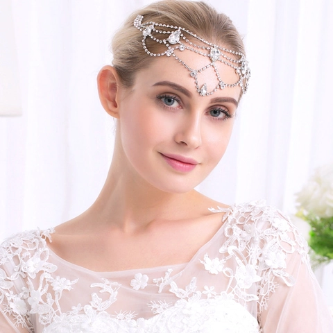 Cadena de Cabeza de Aleación con Diamantes de Imitación para Mujer Diadema de Frente Plateada con Colgante de Gota Boda Joyería