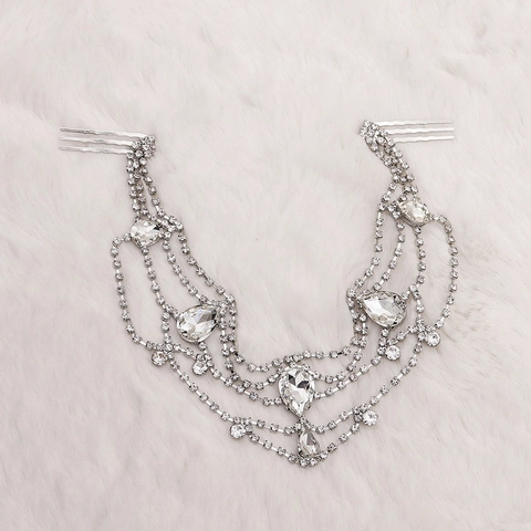 Cadena de Cabeza de Aleación con Diamantes de Imitación para Mujer Diadema de Frente Plateada con Colgante de Gota Boda Joyería