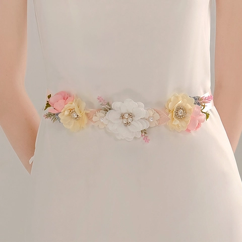 Elegant Bridal Wedding Belt Fabric Flower Waist Seal With Rhinestone And Artificial Pearl Satin Ribbon Belt For Women Party