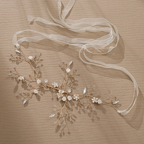 Handmade Floral Bridal Hair Vine Gold Wire Rhinestone Hairband With Organza Ribbon Wedding Banquet Party Floral Headpiece