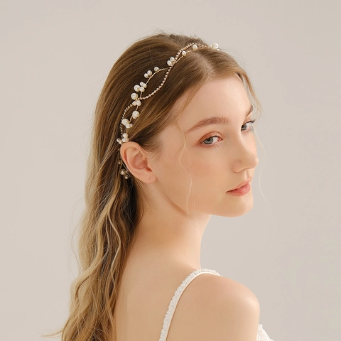 Elegante Fascia per Capelli da Sposa in Oro Fatta a Mano Stile Coreano Perla Artificiale Strass Nastro Vite Floreale Accessorio Capelli