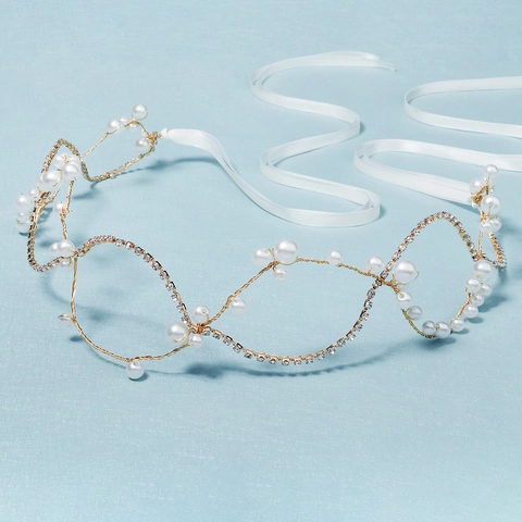 Elegante Fascia per Capelli da Sposa in Oro Fatta a Mano Stile Coreano Perla Artificiale Strass Nastro Vite Floreale Accessorio Capelli