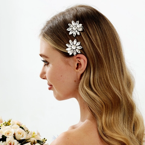Ensemble de Barrettes à Cheveux Élégantes en Alliage Fleurs Strass pour Femmes Épingles à Cheveux en Cristal Mariage Fête