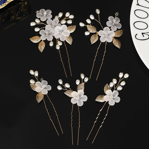 Bridal Flower Hair Pins Set For Women Wedding Hair Sticks With Artificial Pearl Gold Silver Leaf Retro U-Shaped Hair Accessories