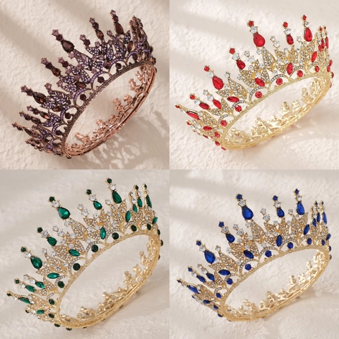 Vintage Barock Vollrund Strass Krone Tiara Legierung Kristall Kopfschmuck Für Hochzeit Braut Haarschmuck Damen