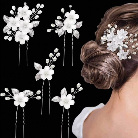 Palillos para el Cabello Hechos a Mano Flores de Acrílico Blanco Perla Artificial Accesorios de Novia Retro Oro Plata Aleación Horquillas en U