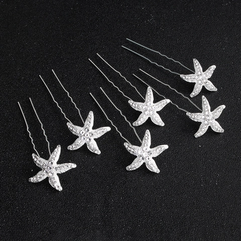 Horquilla en Forma de U de Aleación de Estrella de Mar Strass Vintage Plateado Novia Boda Horquillas Banquete Decoración Cabello Mujer