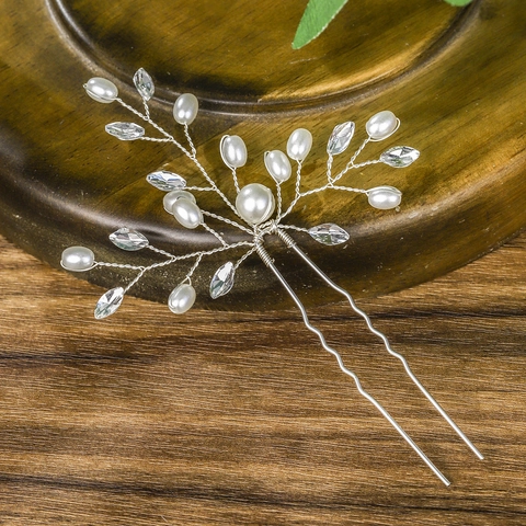 Bastoncino per Capelli Sposa Fatto a Mano Perla Artificiale Lega Argento Ramo Foglia Forcina a U Con Strass per Matrimonio Donna
