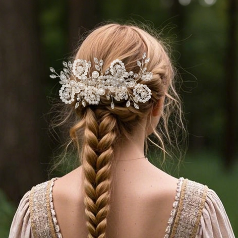 Handgefertigter Brauthaarkamm Mit Künstlichen Perlen Und Strasssteinen Blumenblatt Design Silber Legierung Haarschmuck Für Damen Hochzeit