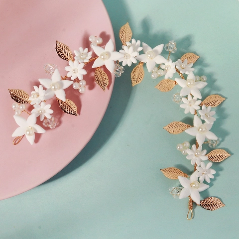 Vintage Gold Leaf Flower Headband Handmade Bridal Hair Accessory With Artificial Pearl Crystal For Wedding Performance Women Kids Jewelry