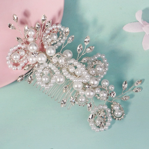 Handgefertigter Brauthaarkamm Mit Künstlichen Perlen Und Strasssteinen Blumenblatt Design Silber Legierung Haarschmuck Für Damen Hochzeit