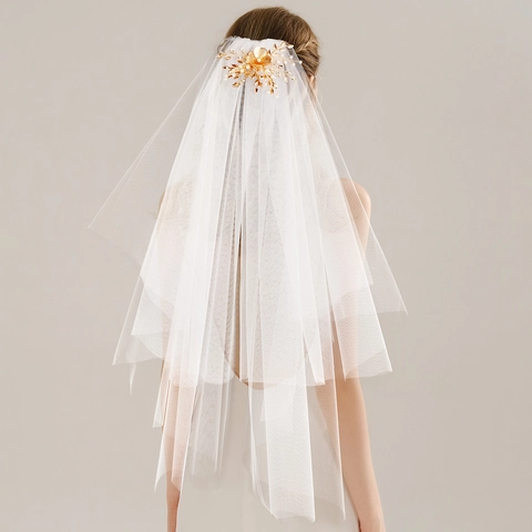 Elegante Velo da Sposa in Rete Bianca Con Pettine in Oro Floreale Strass e Perla Artificiale Fatto a Mano per Matrimonio