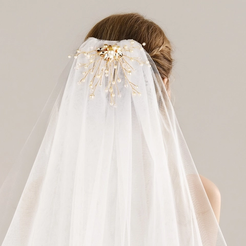Elegante Velo da Sposa in Rete Bianca Con Pettine in Oro Floreale Strass e Perla Artificiale Fatto a Mano per Matrimonio
